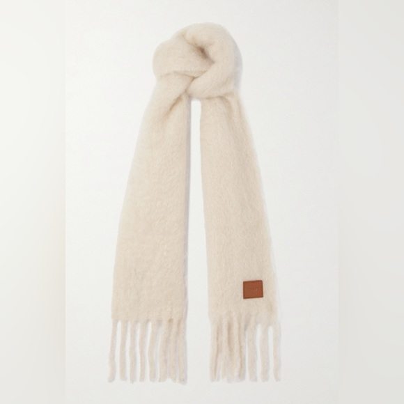 LOEWE Fringed appliquéd leather-trimmed brushed mohair-blend scarf Off-White - Picture 1 of 11